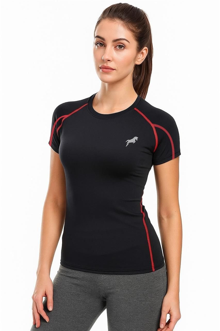 JUST RIDER Women's Compression Fit Sports T-Shirt – Black Fitness Wear, Quick-Dry Activewear Top for Gym, Yoga & Running-image-49