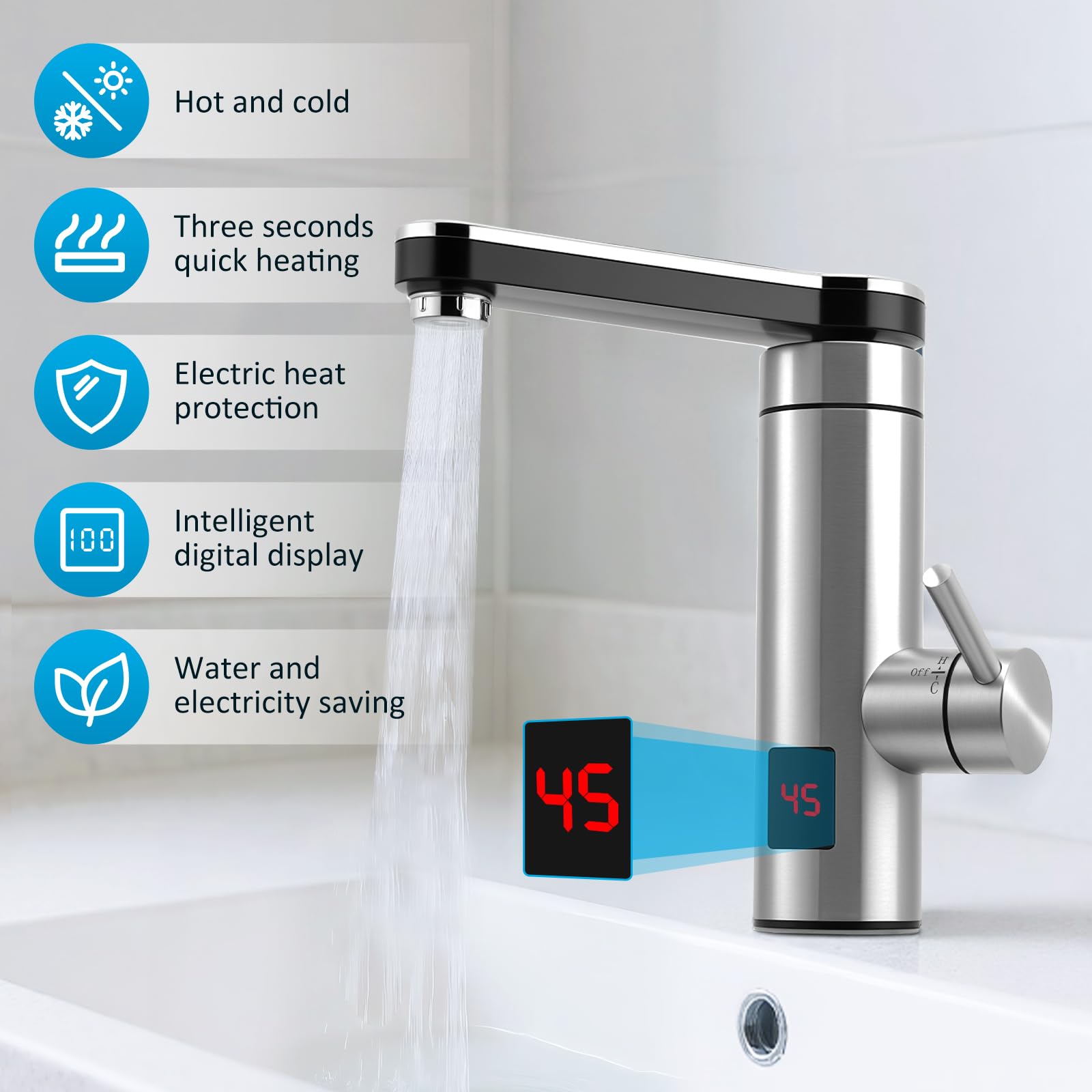 Robinet Chauffant Instantané Électrique 3300W, Robinet Chauffe-Eau avec Affichage LED Température, IPX4 Étanche pour Cuisine, Installation Facile (Alimentation 220V-240V)