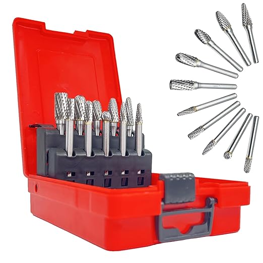 Carbide Rotary Burrs Set with 1/4''Shank 10Pcs Double Cut Solid Tungsten Carbide Rotary Files Bits for Die Grinder Metal Woodworking Drilling Engraving Polishing Grinding (Noble Red)