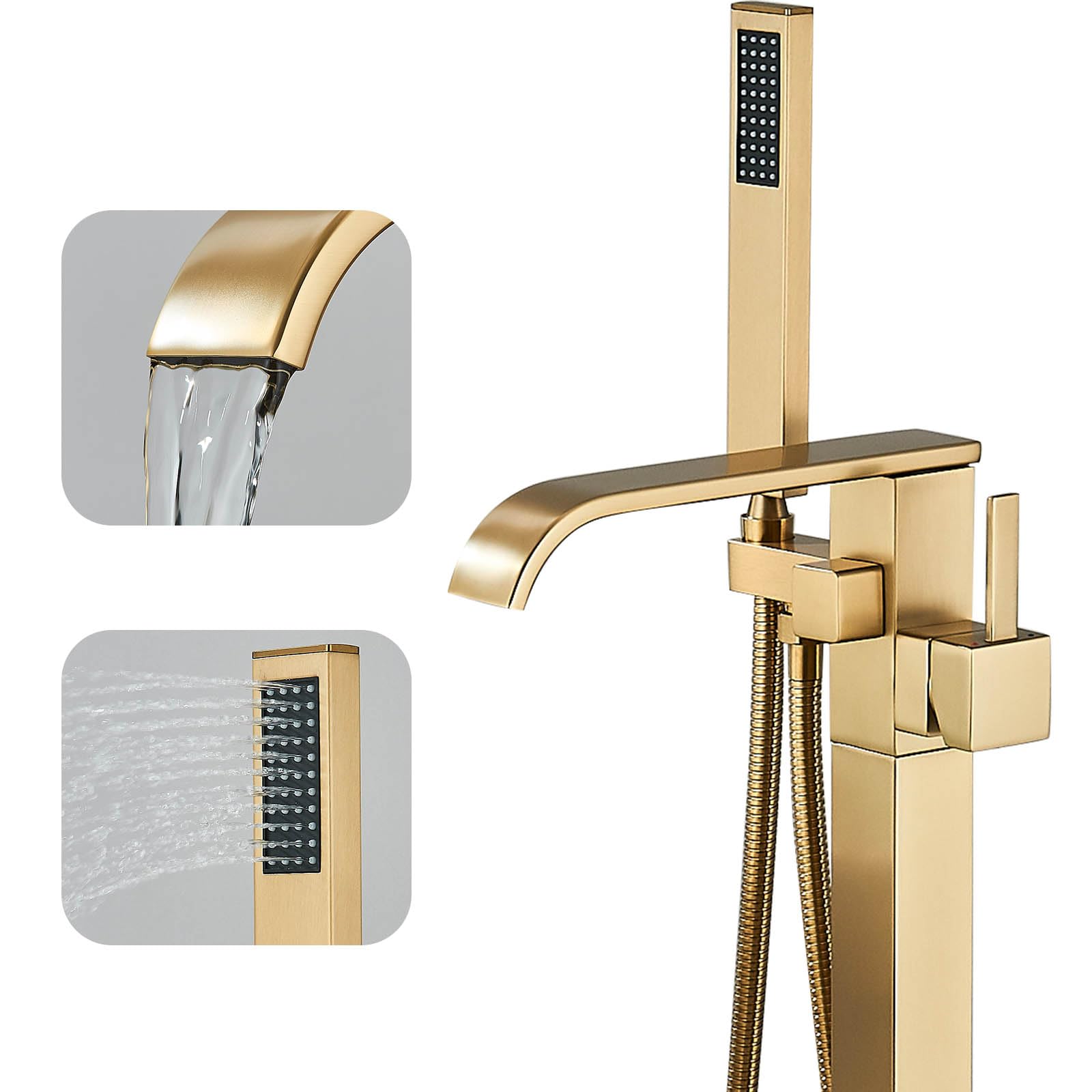 Saetow Freestanding Bathtub Faucet Brushed Gold Floor Mount Tub Filler High Flow Shower Faucets with Handheld Shower Mixer Taps 360° Swivel Spout