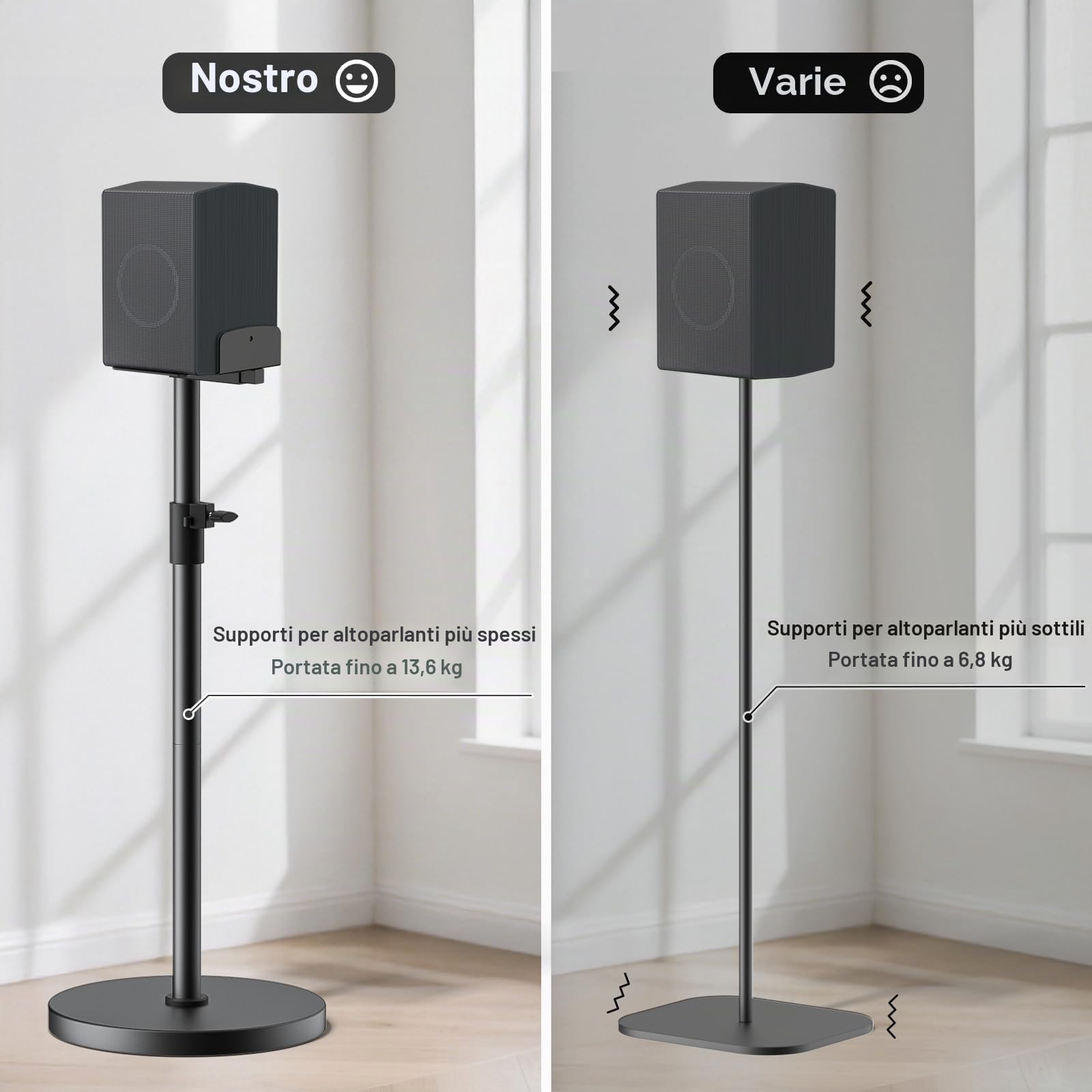 Supporto per altoparlanti regolabile in altezza fino a 95 cm – Base universale per Edifier, KRK, Klipsch, Polk, Yamaha, Sony – Robusto supporto per cassa Surround Sound con gestione dei cavi.