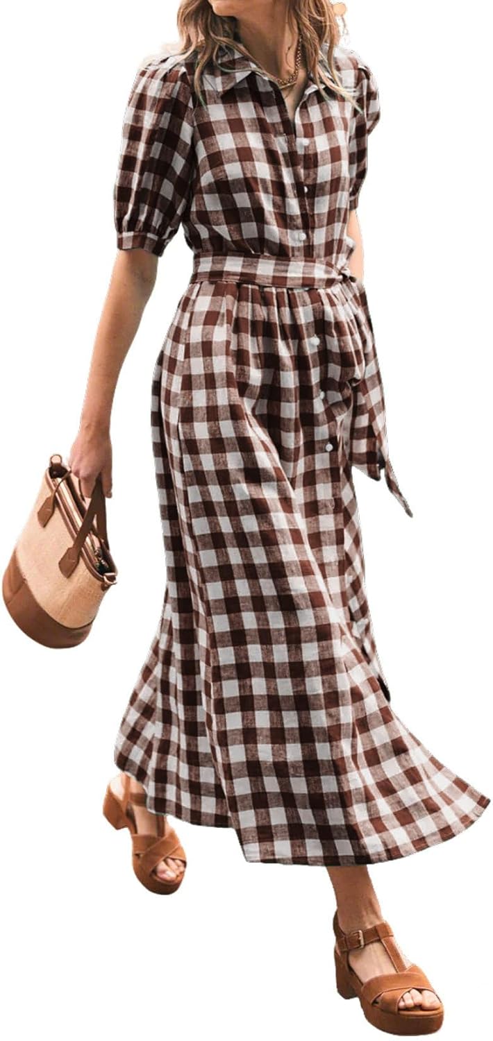 CHARTOU Women Summer Plaid Puff Short Sleeve Dress Button Down Long Shirt Dress with Belt
