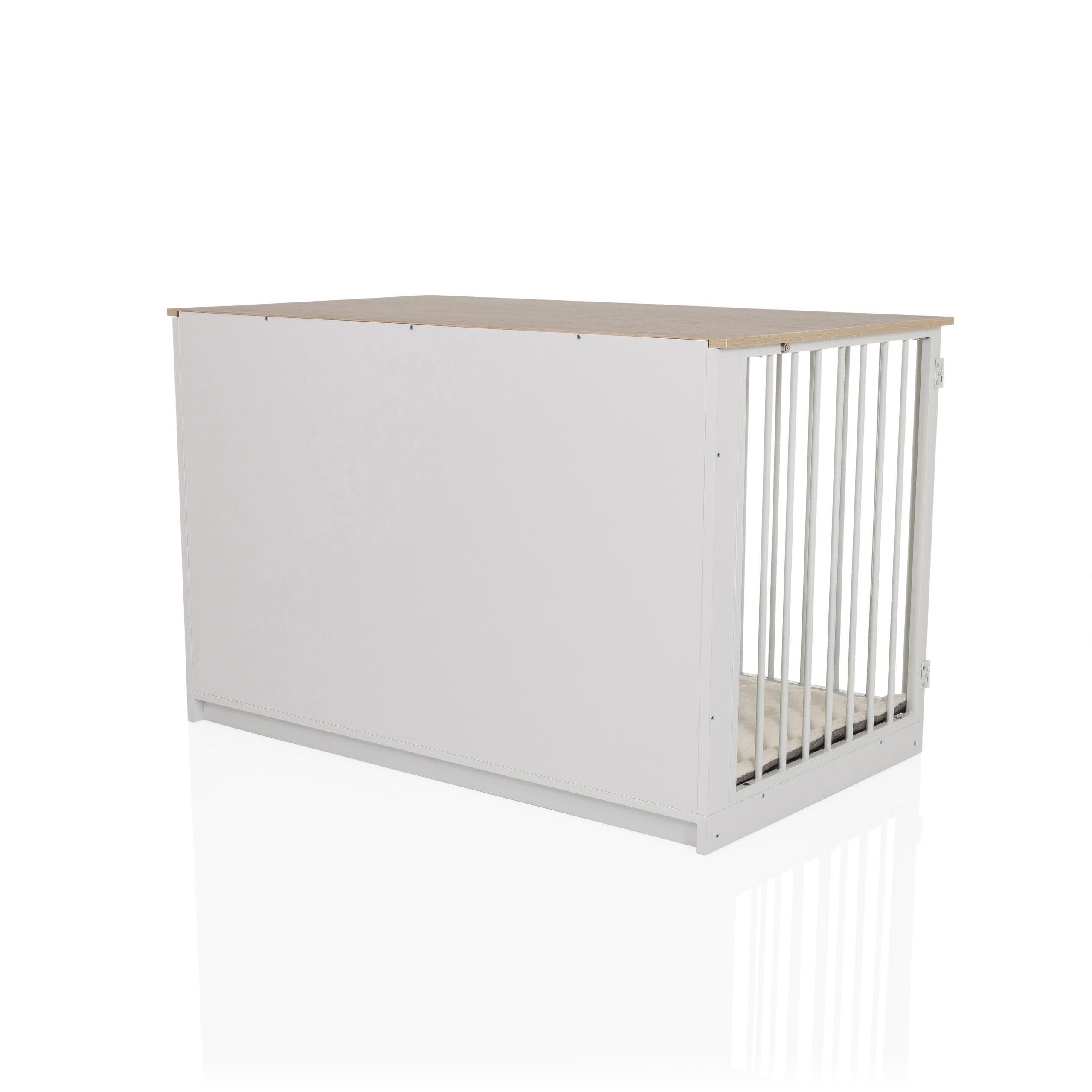 Hundebox für Zuhause, 102x60x65,5 cm PAWHOME XL Hundekäfig inkl. Edelstahlnäpfe, Hundehaus mit Tür bis 30kg belastbar, Weiß/Eiche