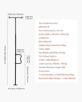 VEVOR Floor-to-Ceiling Transfer Pole, Tension Mounted Bathroom Grab Bar with Anti-Slip Curve Handle, 300 Lbs Capacity Security Pole for Elderly, Ideal Senior Safety Pole for 7-10 Ft Ceilings, Black