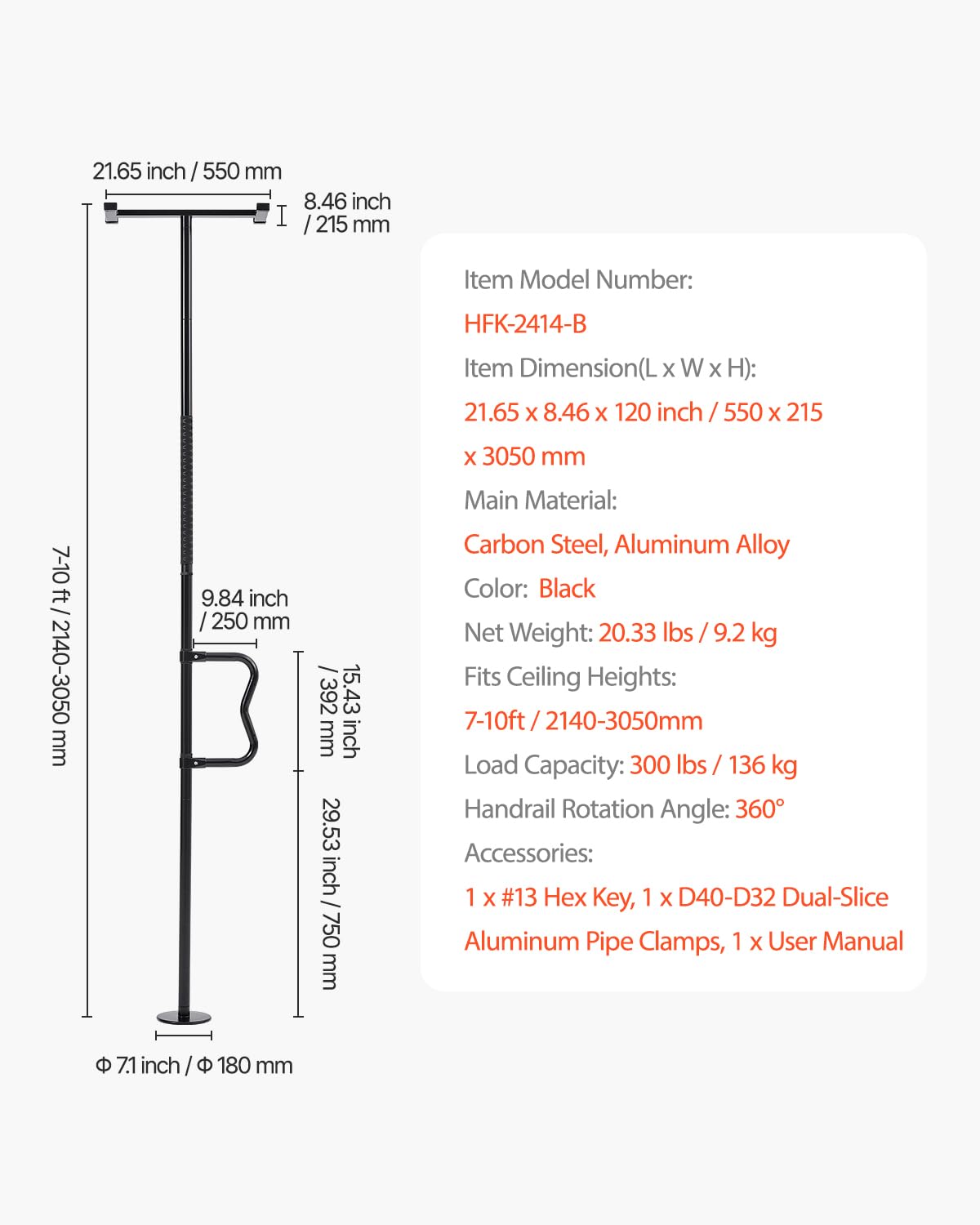 VEVOR Barra de Transferencia de Piso a Techo para Baño con Montaje a Tensión y Mango Curvo Antideslizante, con Capacidad de 136 kg para Personas Mayores, para Techos de 2140-3050 mm, Negro