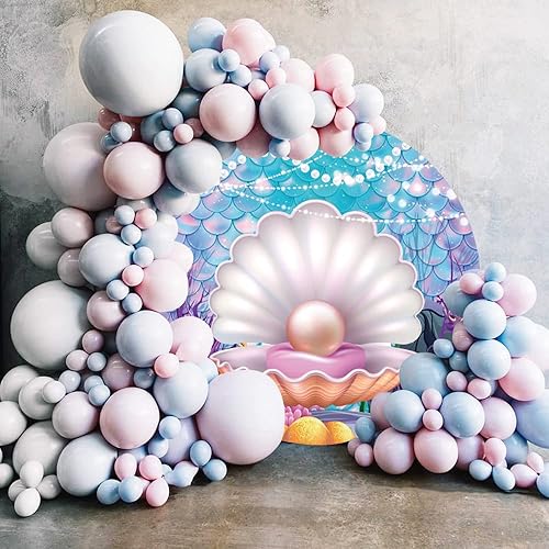 Miniatura 2 de Laeacco Telón de fondo redondo de sirena de concha de perla de 5 x 5 pies, con perlas brillantes, escamas de sirena, cubierta de telón de fondo
