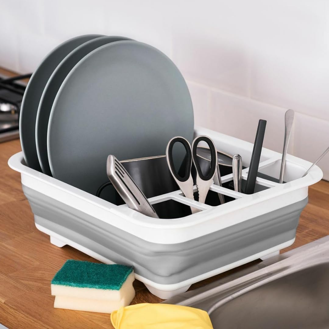 Marco Paul Interiors Grey/White Marco Paul Collapsible Dish Drainer – Large Silicone Folding Kitchen Drying Rack With Cutlery Holder – Portable Dishware Draining Basin For Home, Camping & Travel