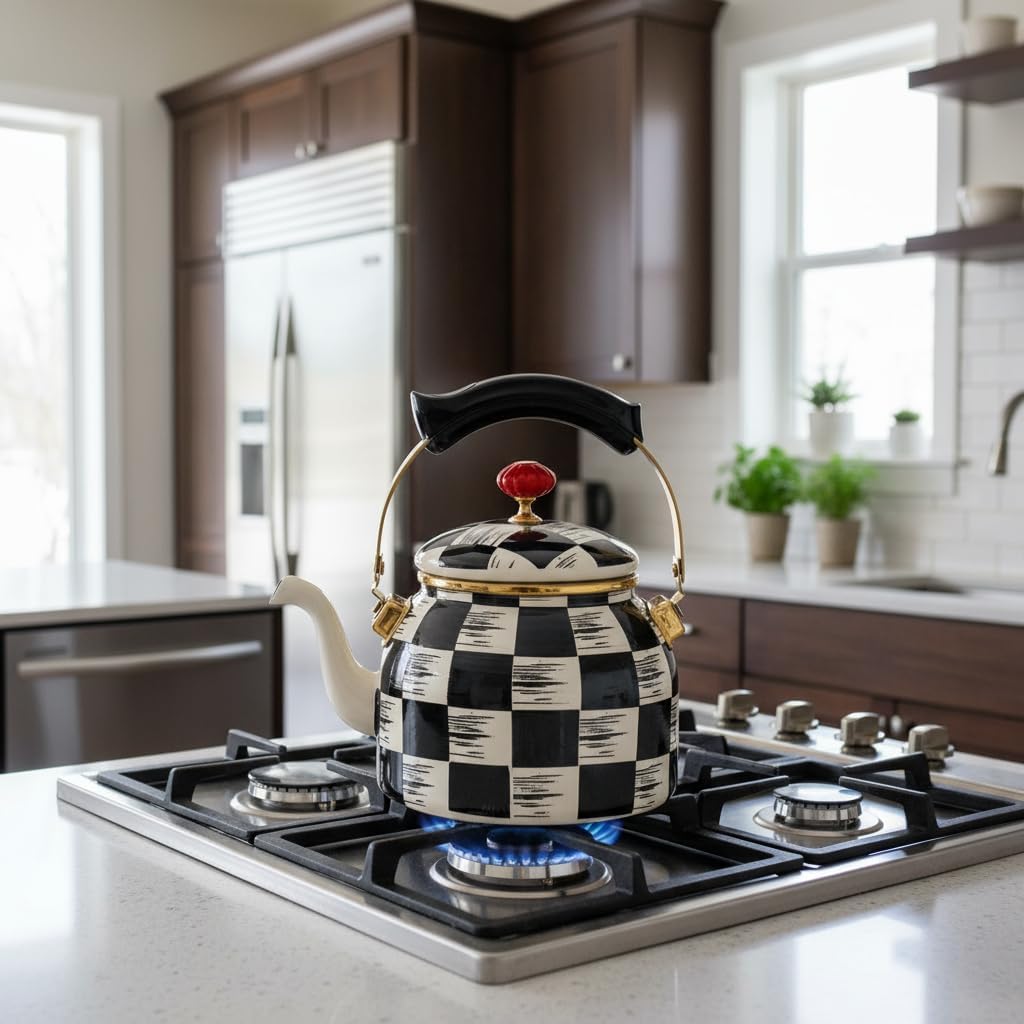 Checkered Tea Kettle with Heat-Resistant Handle, Black and White Pattern - 2.4 qt.