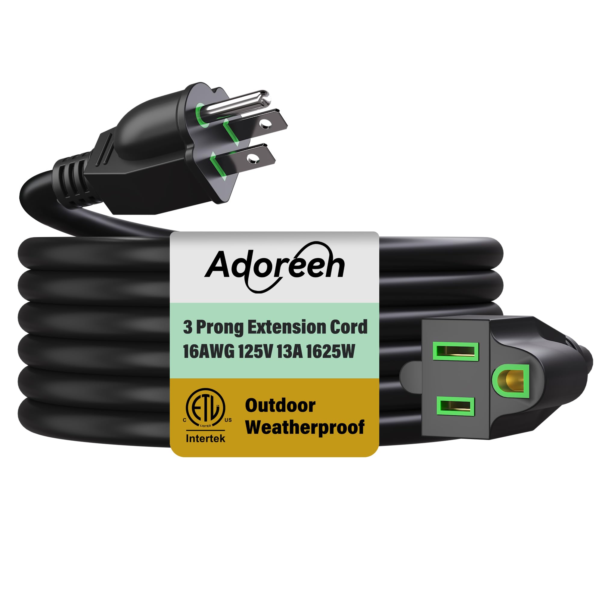 Adoreen Outdoor Power Extension Cord 15 Ft, 3 Prong 16 AWG Grounded Wire Heavy Duty Weatherproof Electric Cable for Indoor Christmas Light Lamp, 13A