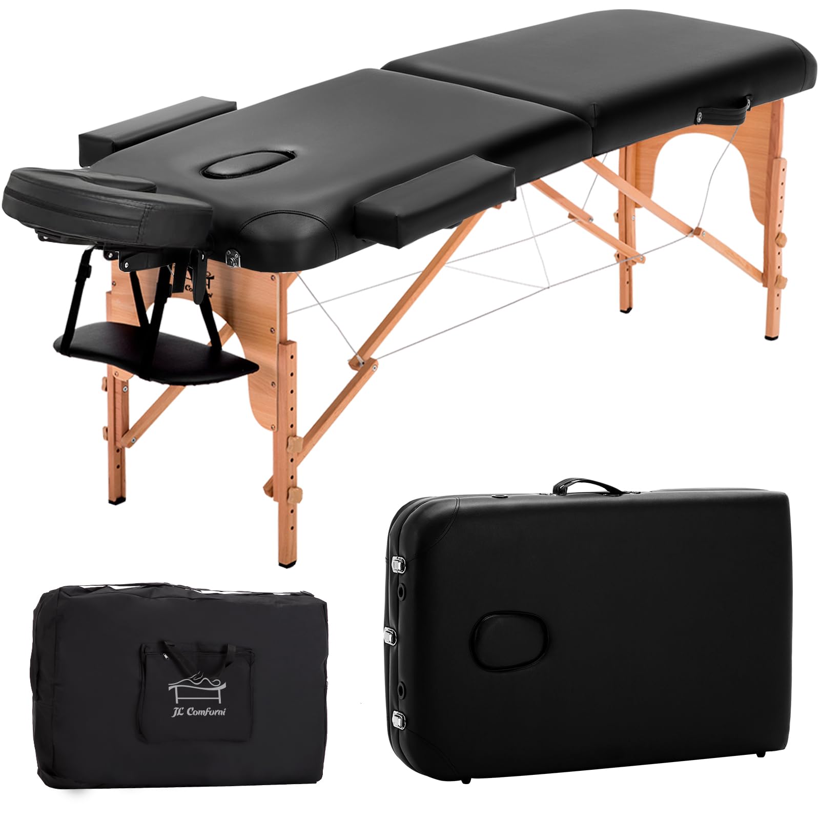 JL Comfurni Portable Massage Table, 2 Section Beauty Bed with Face Hole, Lightweight and Foldable Lash Bed with Carry Bag for Tattoo, Beauty Salon, Therapy(Wooden Frame, 60cm Width, Black)