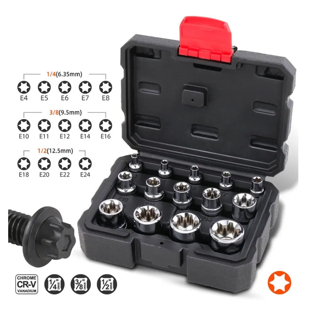 14 szt. Zestaw nasadek żeńskich E-TORX Star E4 - E24 dynamometrycznych 1/4"Dr. 3/8"Dr. 1/2" dr Zestaw przedłużek