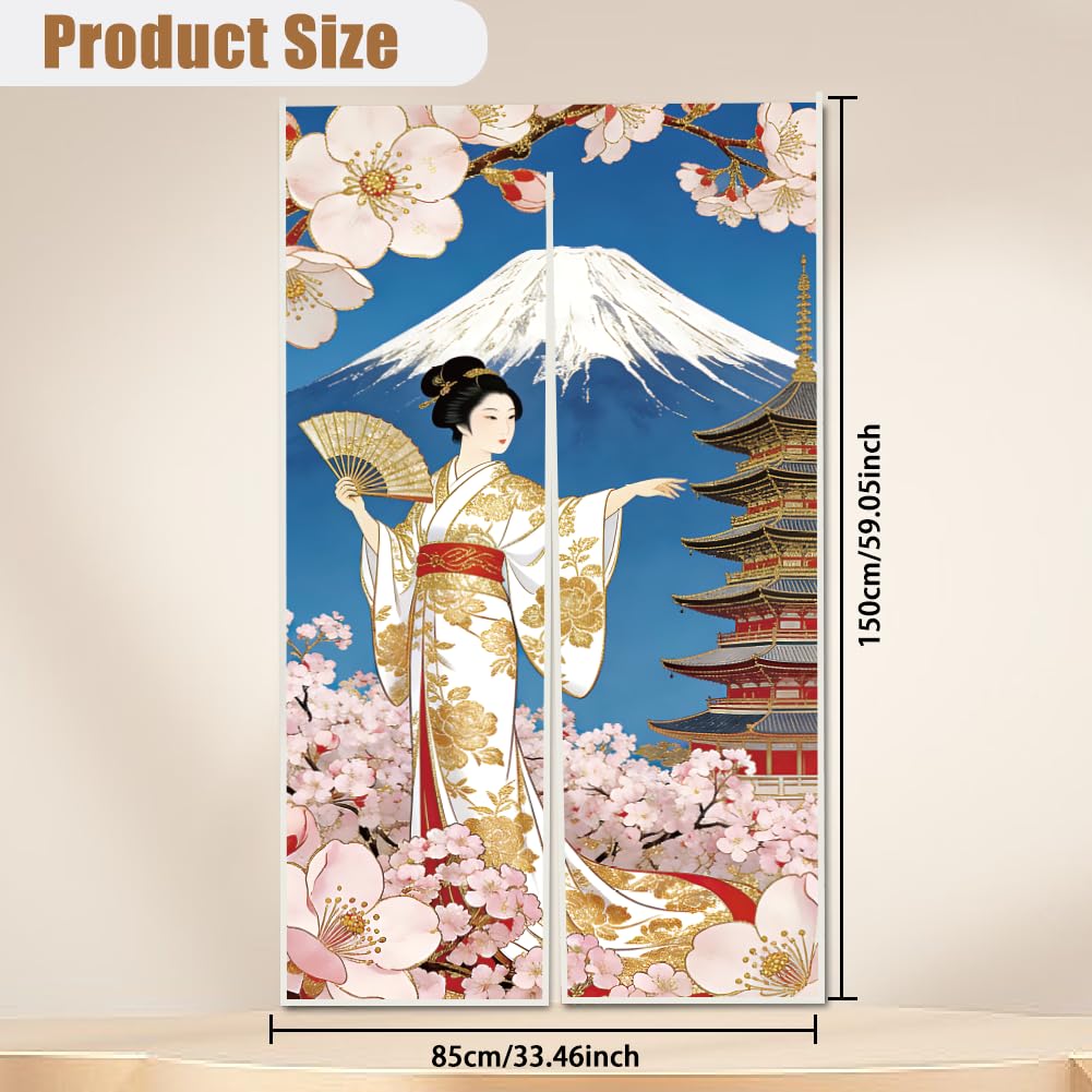 Rideau de porte design japonais avec femmes en kimonos, en lin, séparateur de pièce pour porte, fenêtre, cuisine, 150 x 85 cm