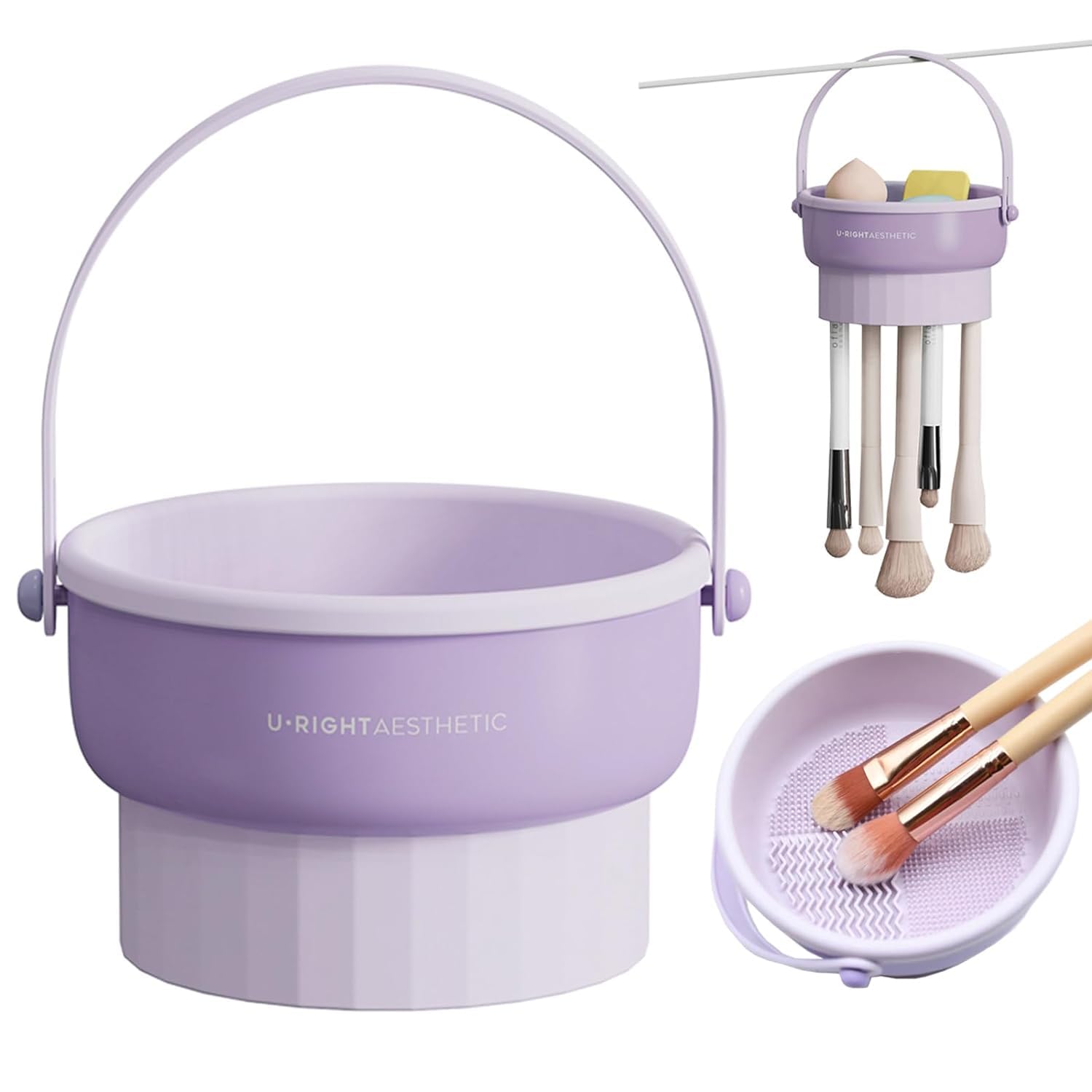 Gunyoo Limpiador de brochas de maquillaje, 3 en 1, cuenco limpiador de brochas de maquillaje, recipiente con soporte para secado, cepillo cosmético, organizador para limpieza y almacenamiento y secado