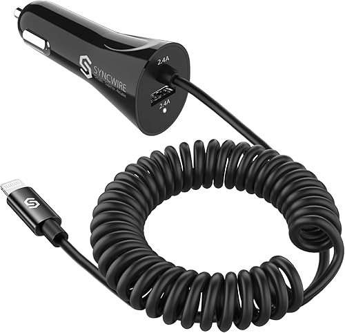 Syncwire Cargador de coche para iPhone - Actualización certificado Apple MFi Adaptador de carga de coche de 4.8 A24 W con cable Lightning en espiral