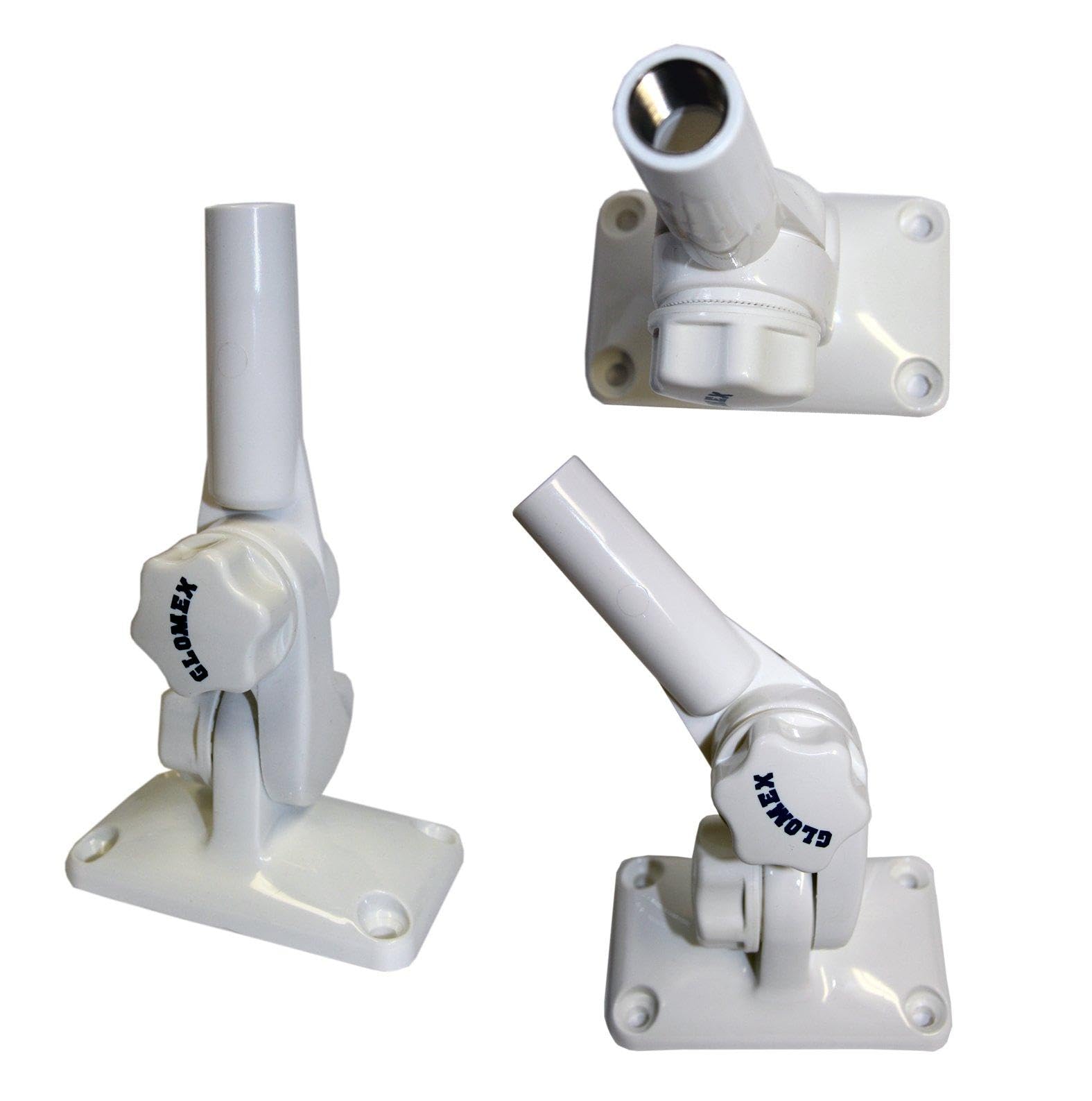 Glomex RA135FME - Marine Antenne SUPPORT DOUBLE ARTICULATION EN NYLON RENFORCÉE - BLOCAGE PAR MOLETTE - PASSECÂBLE - FILETAGE 5 /8 " x 24 - support double articulation en nylon traité anti-UV pour fixation sur pont ou cloison, avec blocage par molette.