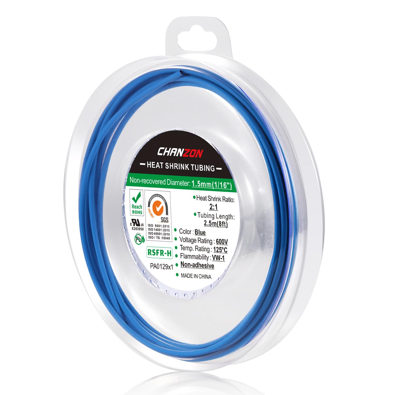 Chanzon 2:1 Ratio 1/16" (1.5mm) Heat Shrink Tubing 8Ft Roll (2.5M Total Length) Blue Polyolefin Sleeving Wrap Shrinking 2 to 1 1pcs — image 1
