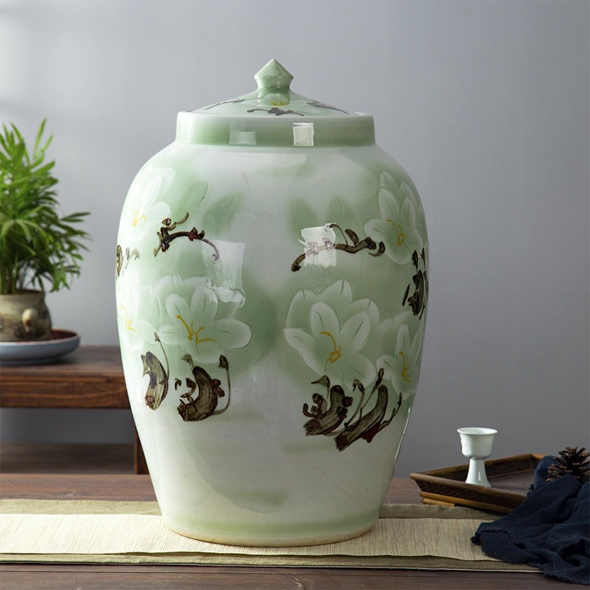 Contenitori Ermetici per Alimenti Secchi di Riso, Barattolo di Riso in Ceramica Cinese Verde Chiaro con Coperchio, Distributore di Cereali per Riso, Soia, Mais, Farina, Farina D'avena,Medium
