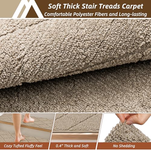 Image of COSY HOMEER Stair Treads for Wooden Steps 11 inchx30 inch Washable Indoor Carpet Stair Treads Non Slip Soft Polyester Stair Carpet Tread Reusable Stair Runner Rugs for Kids, Elders,Pets,Beige,15pcs