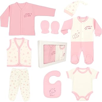Blue Eyes Baby Gift Set Girls - 8-Piece Newborn First Equipment Set Made of 100% Cotton Birth Gift Clothing 0-4 Months Star Pink