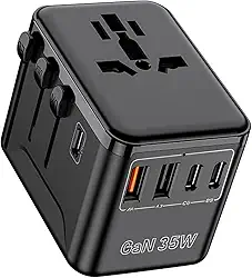 Carregador de Viagem Universal com 3 USB-C + 2 USB-A, Adaptador para 180+ Países, 35W, Preto - Compatível com PD/QC/PPS, 6 Dispositivos Simultâneos