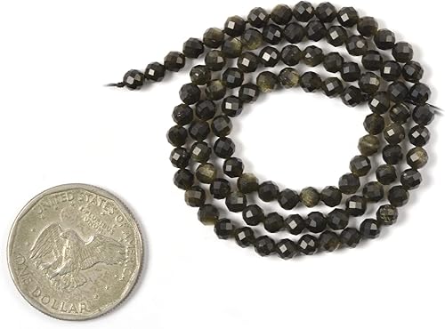Miniatura 2 de Perlas redondas facetadas de obsidiana dorada de 0.157 in sueltas de 16 pulgadas para cuentas de fabricación de joyas