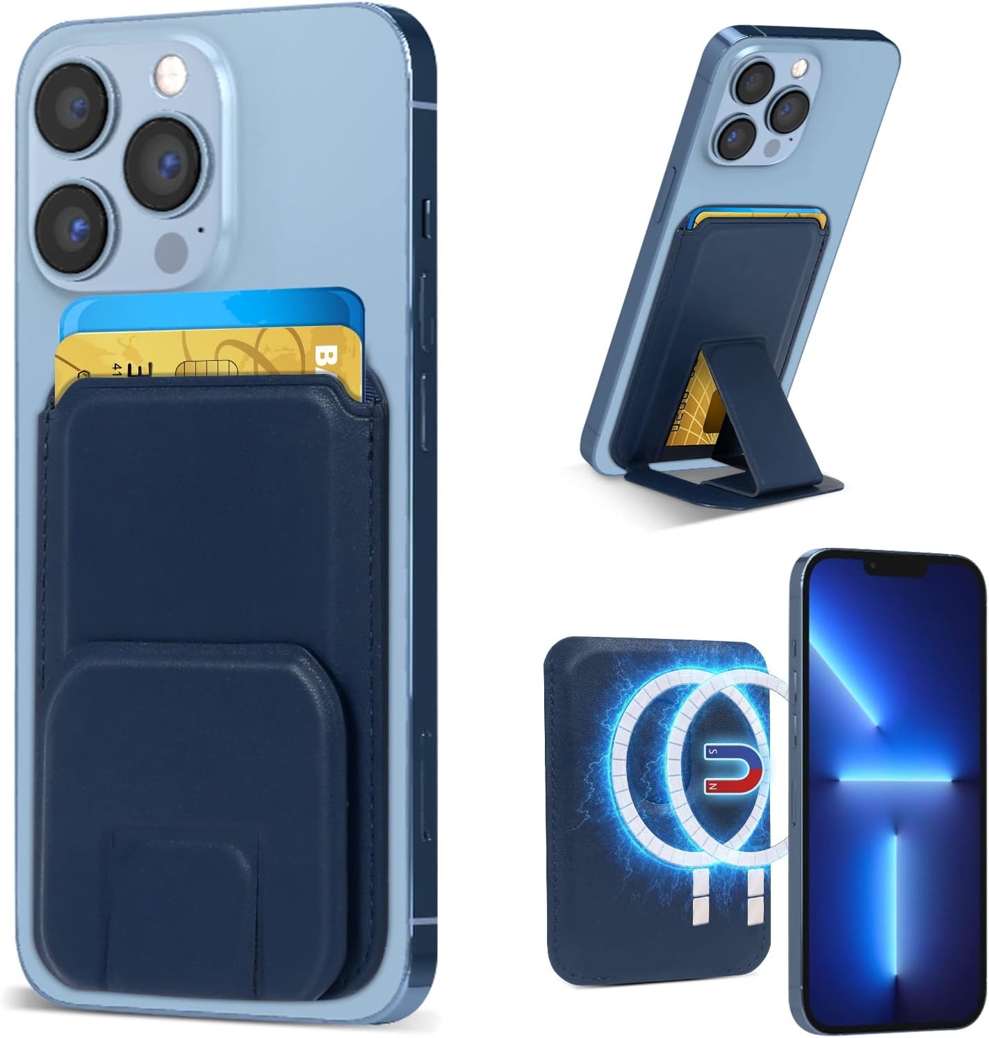 FYY Card Holder for Back of Phone, Stick on Wallet MagSafe Upgrade Strong Magnetic Stand Phone Sleeve, Detachable Phone Card Holder Compatible with iPhone 12/13/14 Pro|Pro MAX, Max 2 Cards, Navy