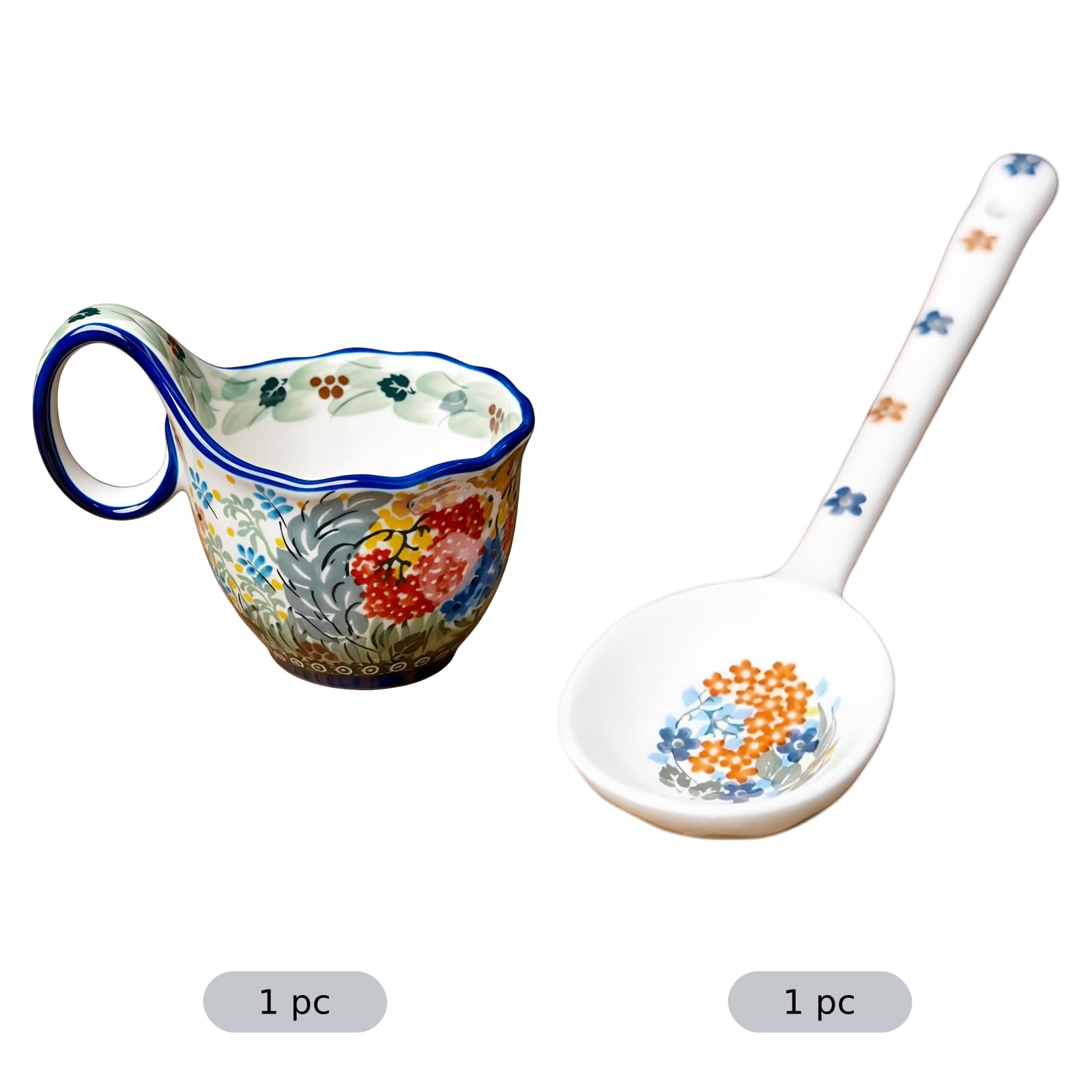 Keramiktasse mit geschwungenem Griff und Löffel, mehrfarbig, handbemaltes Blumenmuster, dekorative Schale für Frühstück, Haferflocken und Kaffee, mikrowellengeeignet, Geschenkidee