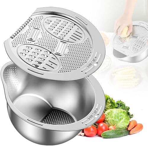 Colino per Riso Ciotola per Lavare il Riso in Acciaio Inox, Cestello Multifunzionale con Scolapasta Laterale e Pelapatate, Cestello per Lavare il Riso con Beccuccio per Versare Quinoa Frutta Pasta