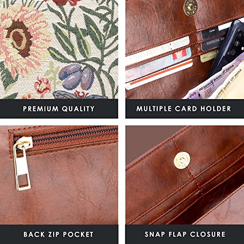 Image of THE CLOWNFISH Sharon Collection Tapestry Fabric & Faux Leather Snap Flap Closure Womens Wallet Clutch Ladies Purse with Multiple Card Holders (Flax)
