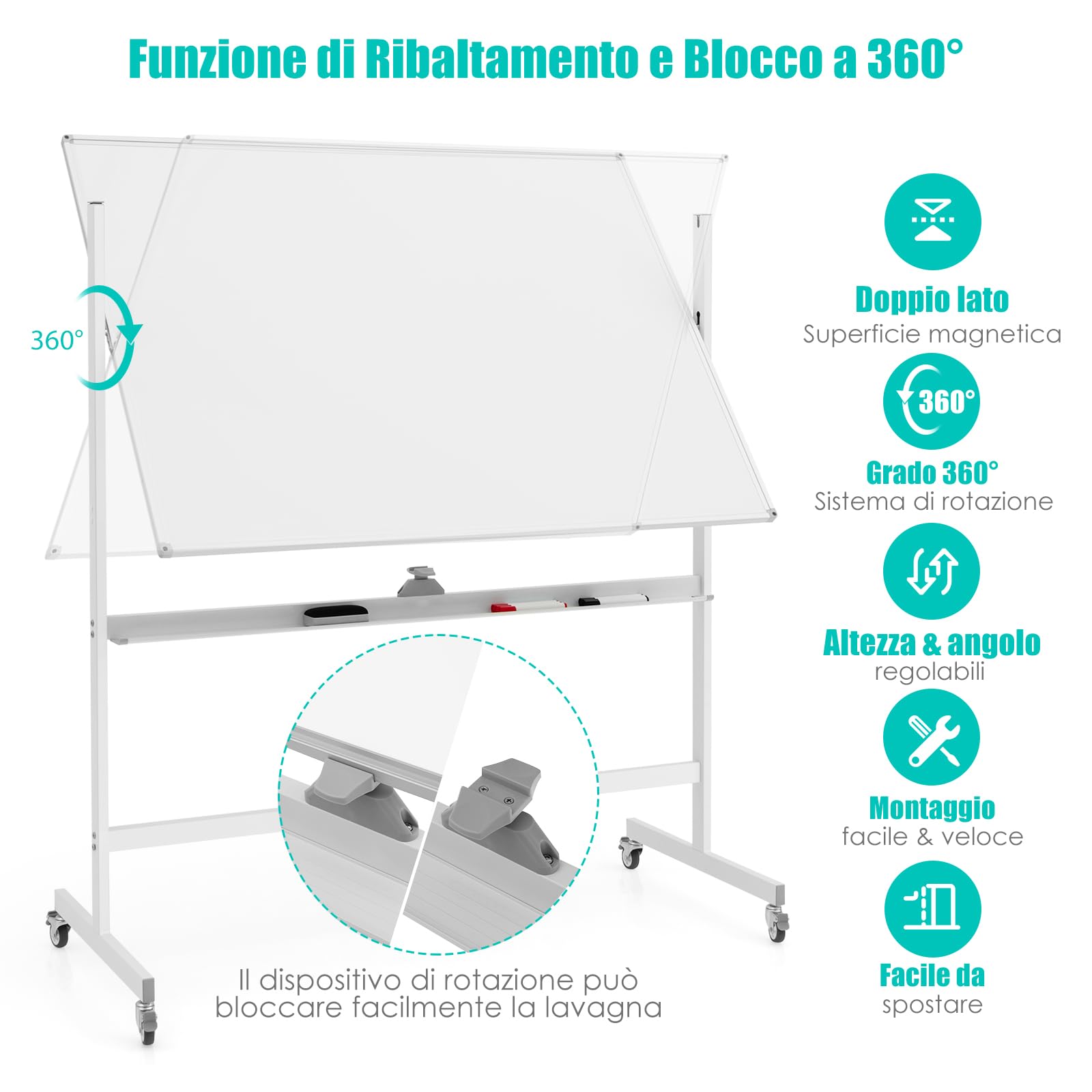 GYMAX Lavagna Magnetica Bianca a Rotolamento, Grande Lavagna Portatile con Supporto, Lavagna Reversibile Veloce, Altezza Regolabile, Lavagna Bifacciale con Ruote per Casa, Ufficio, Scuola, 120 x 90 cm