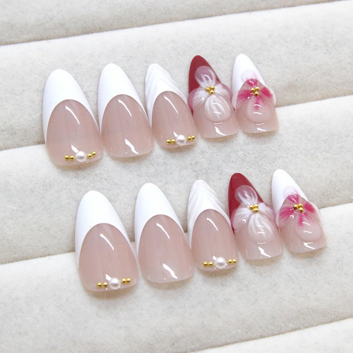 JUSTOTRY 24 Pcs Red Flower Almond Press on Nails Short,White French Fake Nails with 3D Sculpting Metallic Pattern,Glossy False Nails Medium for Nail Art,Oval Stick on Nail for Women Gifts - Image 3