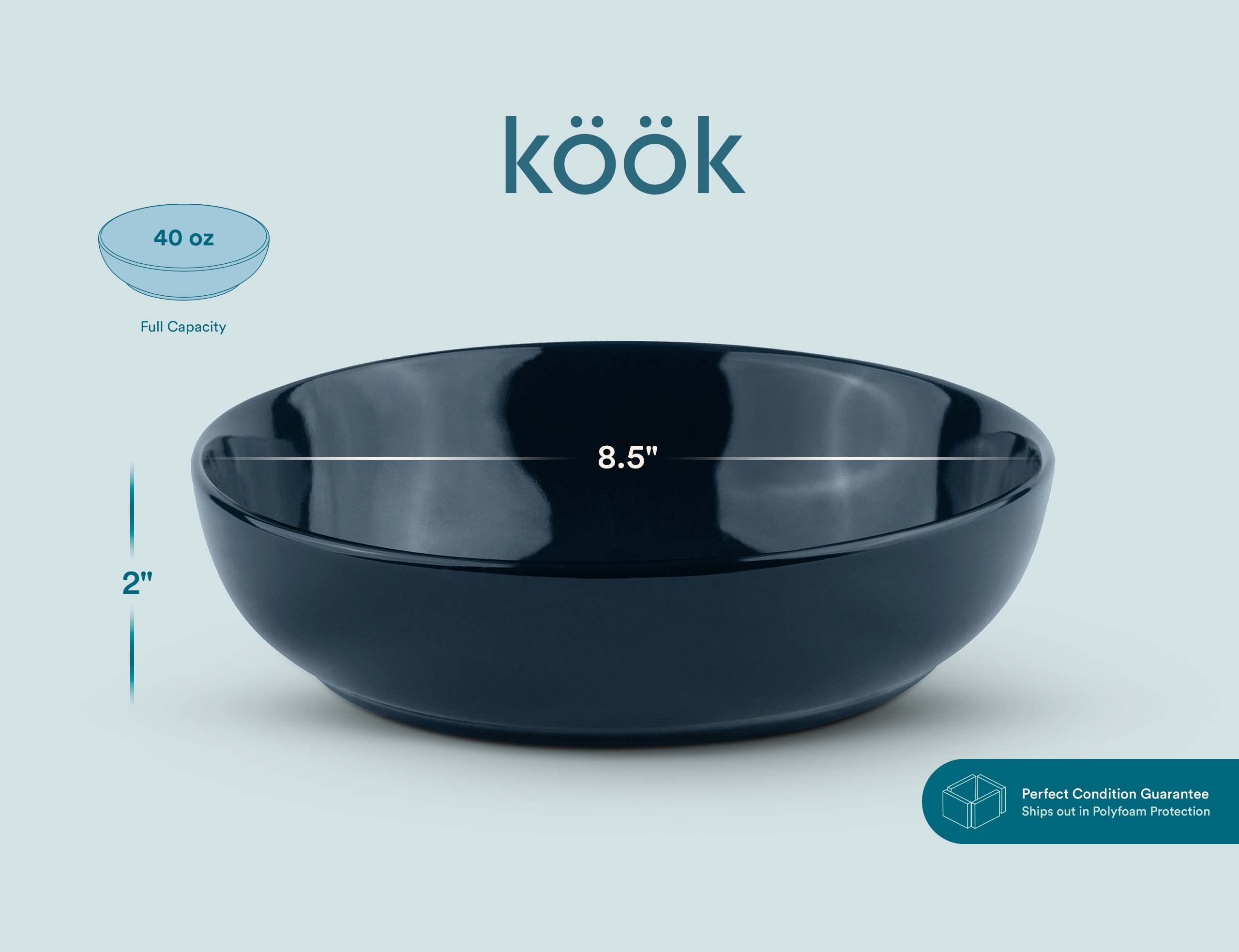 KooK Juego de cuencos de pasta de porcelana, para sopas y ensaladas, cuencos para servir, gran capacidad, apto para microondas y lavavajillas, juego de 4 unidades, 40 onzas (azul marino)