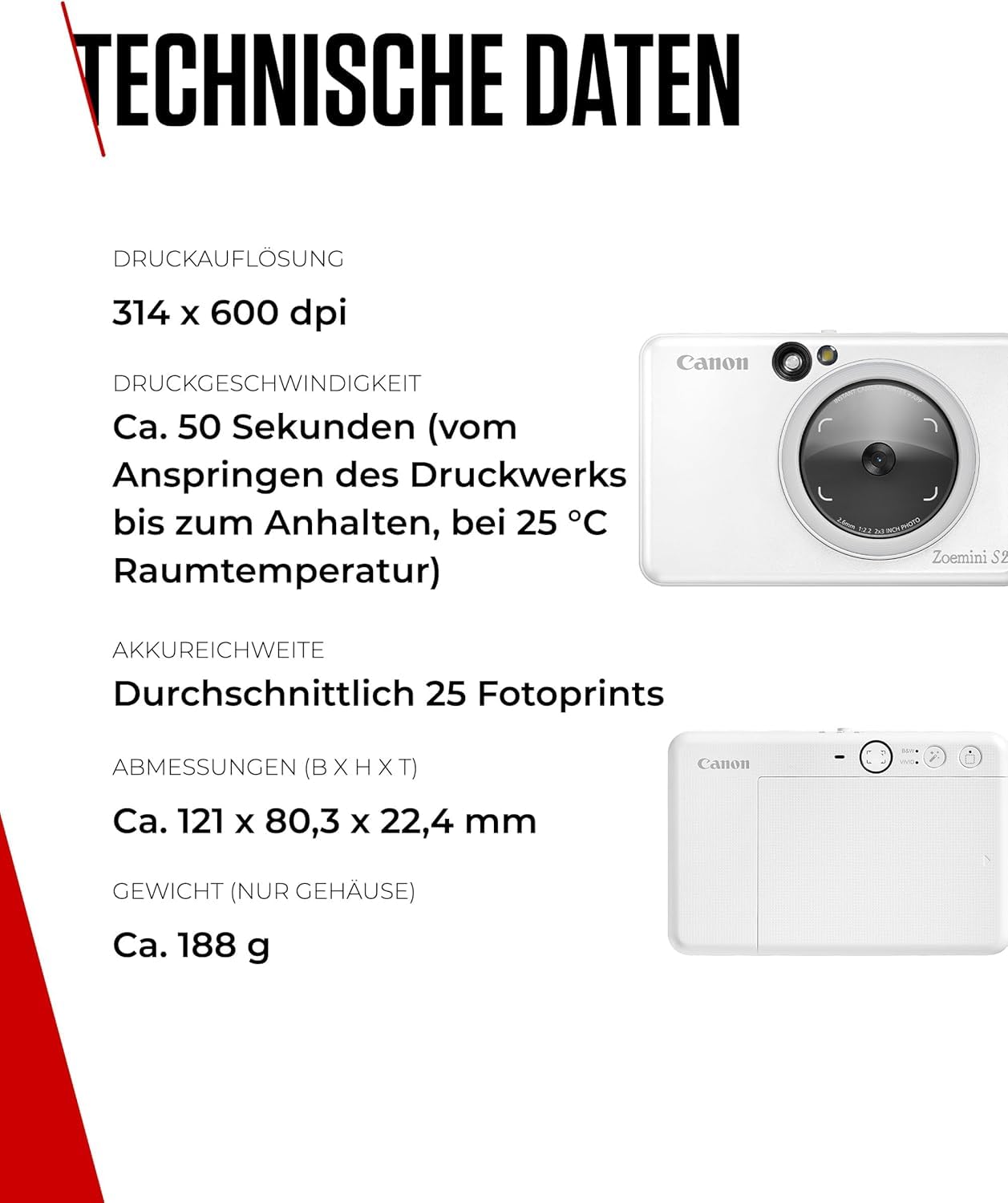 Canon Zoemini S2 Mini Sofortbildkamera + Fotodrucker mobil tragbar unterwegs Hosentasche (Fotodruck 5x7,6 cm, kabelllos, eingebauter Akku, Canon App, Bluetooth) perlweiß [+ 10er Zink Druck-Set]