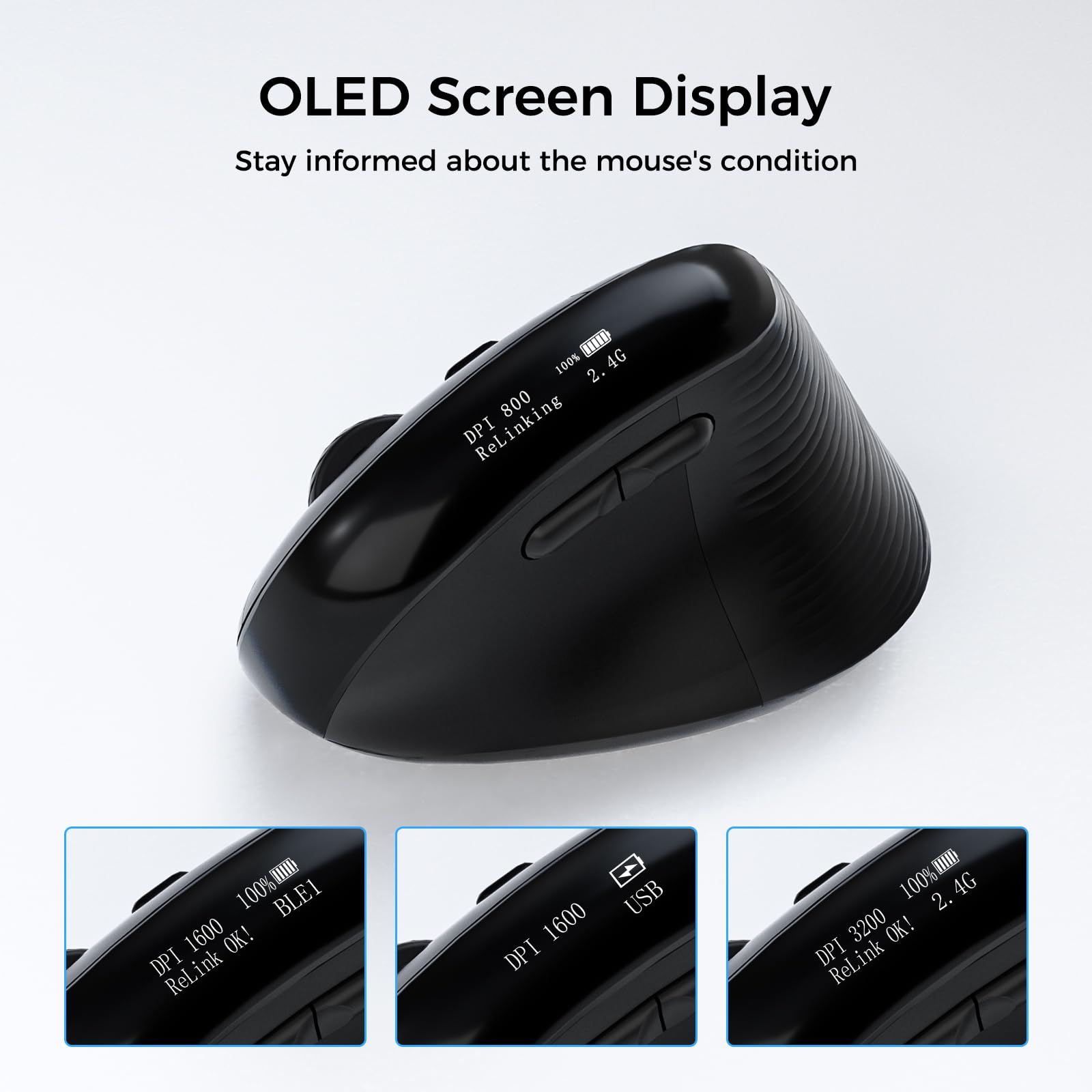 KYSONA Mouse ergonomico wireless con schermo OLED, mouse verticale Ergo ricaricabile, clic silenzioso, Bluetooth e 2,4 G, 5 DPI regolabili 800-6400 per laptop/PC/desktop/computer/iPad, nero