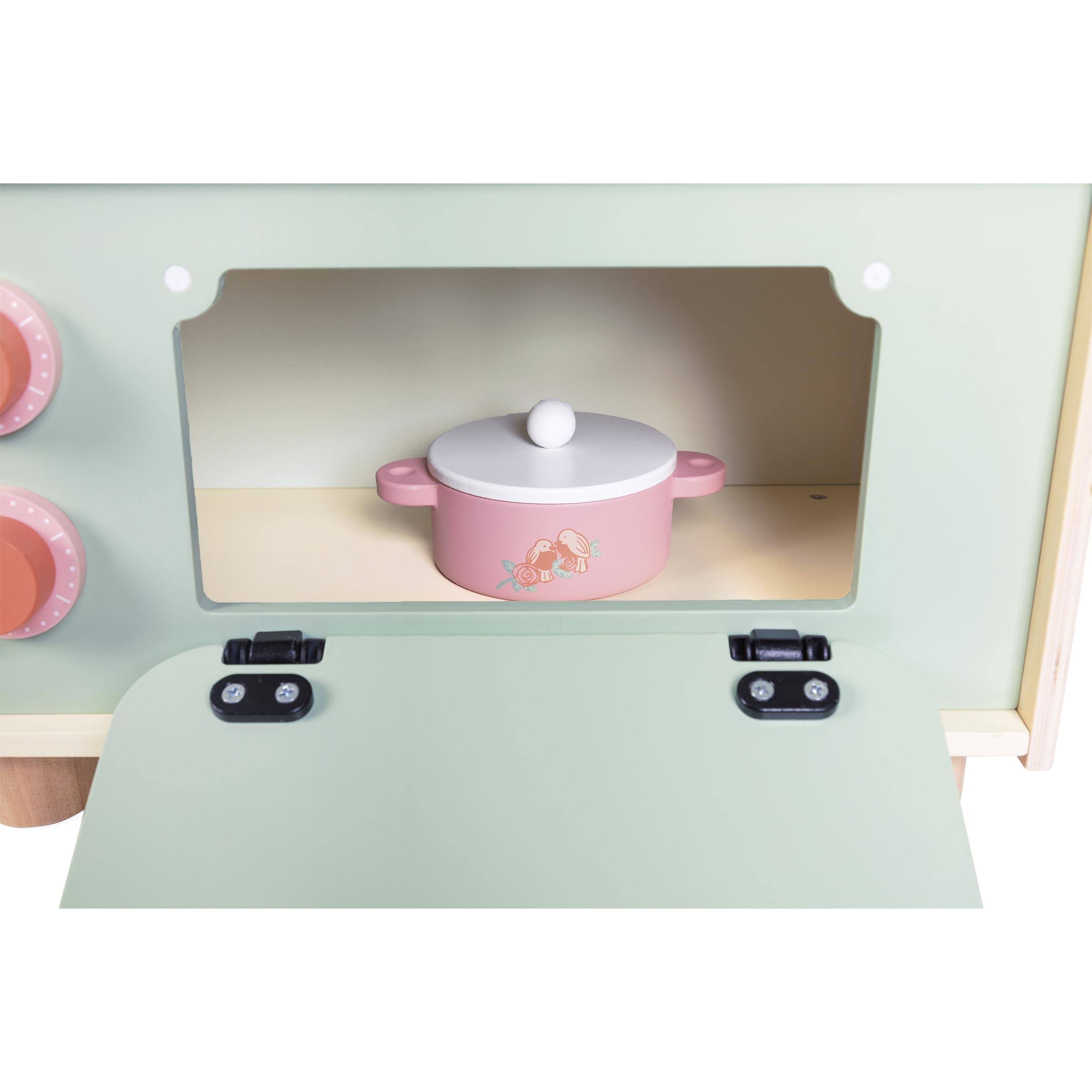 Janod - Cocinita Infantil de Madera - Minicocina Infantil - Equipada con Horno, Fregadero y 10 Accesorios Incluidos - Botones Sonoros Giratorios - Juguete de Imitación - A Partir de 2 años