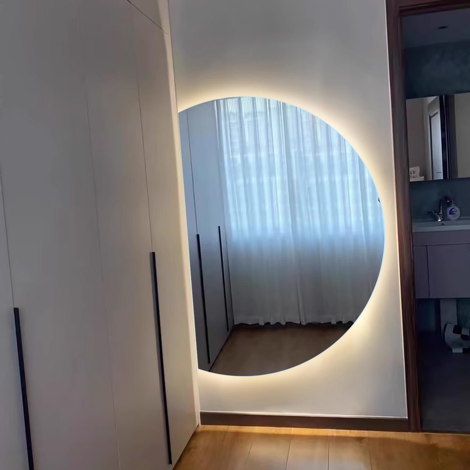 Specchio Espejo de baño inteligente antivaho con LED, espejo de tocador de media luna de 112 cm, montaje en pared, espejo de maquillaje con retroiluminación de 3 colores, diseño moderno para baño
