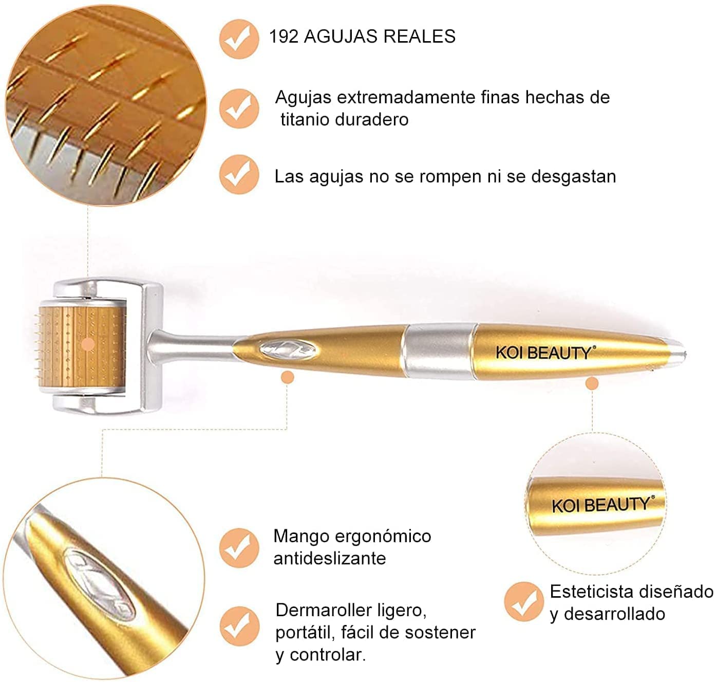 KOI BEAUTY profesional Derma Roller 1.0 - Microneedle Roller individual de titanio real 192, Microneedling Roller para cara, cuero cabelludo y cuerpo, Micro Needle Roller masculino y femenino