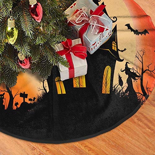 Christmas Tree Skirt, Happy Halloween Witch Castle Moon Xmas Large Tree Mat, New Year Festive Holiday Party Decorations 30" Inches #TOP1