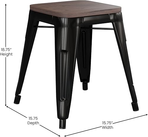 Miniatura 3 de Flash Furniture Juego de 4 taburetes de metal con asiento de madera, taburete Kai de grado comercial negro sin espalda, sillas de comedor apilables