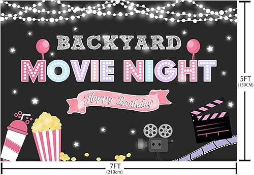 Miniatura 5 de Fondo rosa de 7 x 5 pies con proyector de noche de cine para niñas en el patio trasero, palomitas de maíz, fondo de bebida espumosa, decoración de
