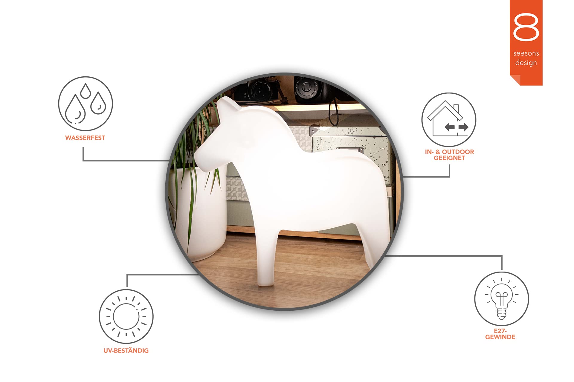 8 seasons design Shining Dala Horse LED Deko-Lampe Pferd, Höhe: 43cm, Weiß, E27 Fassung inkl. Leuchtmittel in warmweiß, Tischlampe, Kinderzimmerlampe, Outdoor & Indoor