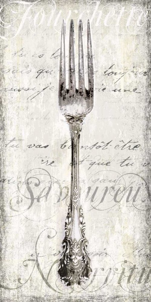 ART-CANVAS-stretched-on-WOODEN -BARS Fourchette Venter Tandi - Alimentos imagen vertical gris blanco negro tenedor Deportes Ocio Cocina scrip Fine art print 26_X_12_in