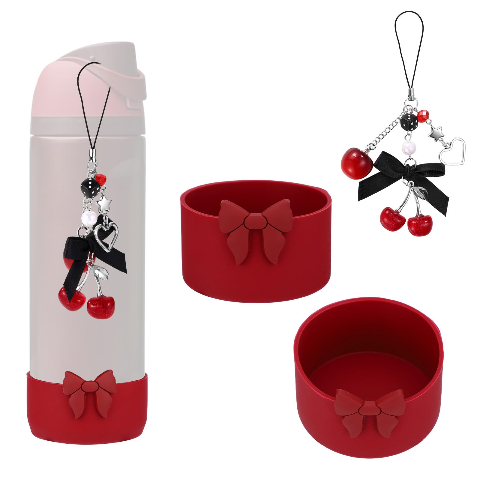 Sinbana 2pcs Bow Silicone Boots Sleeve Protector for Owala 24oz Water Bottle, Cute Black Cherry Charm Pendant Protective Water Bottle Cover Accessories Set for Owala Tumbler