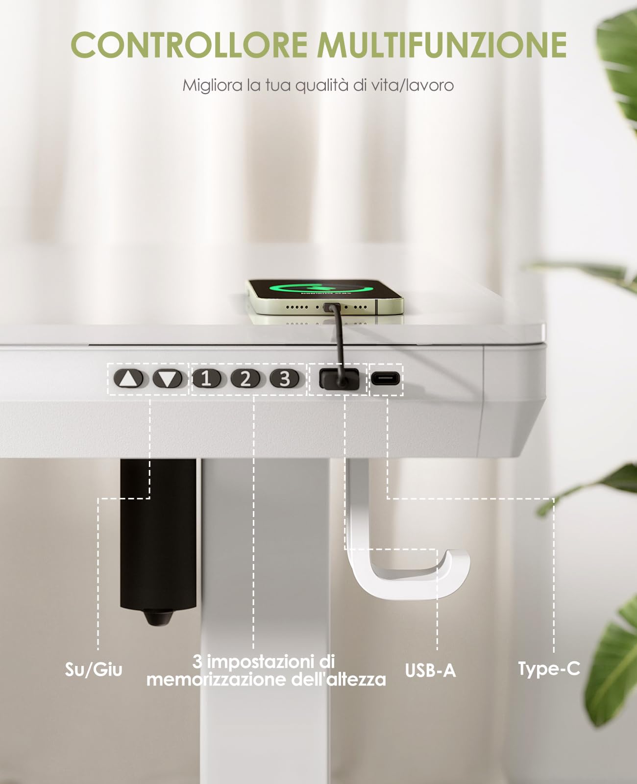 OffiGo Scrivania Regolabile in Altezza Elettrica, 140 x 60 cm, Top in Cristallo Monoblocco, Scrivania in Vetro con Cassetto e Porte USB e Type-C, Scrivania da Sede/Standing, per Casa e Ufficio, Bianco