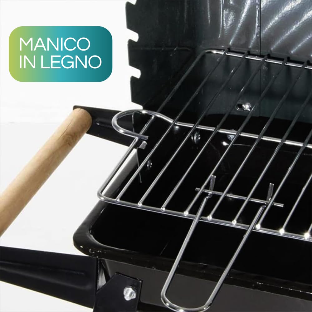 Virsus Barbecue a Carbonella in metallo, misura 53x33x85 cm, Grill portatile con 2 Ripiani in legno e griglia regolabile, Barbecue portatile con manico in legno e ruote per esterno 9754C