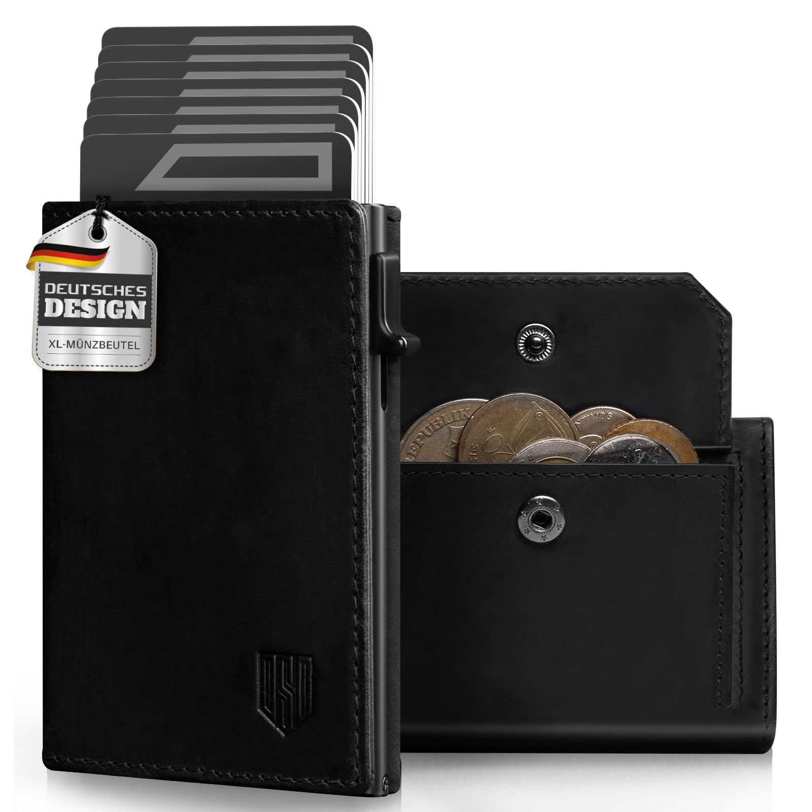 DODENSHA MagSnap Geldbörse Herren I Slim Wallet mit XL-Münzfach für 10+ Münzen I Kreditkartenetui Geldbeutel für 10+ Karten I Magnetischer Verschluss Geldbörse Herren I RFID Schutz I Schwarz