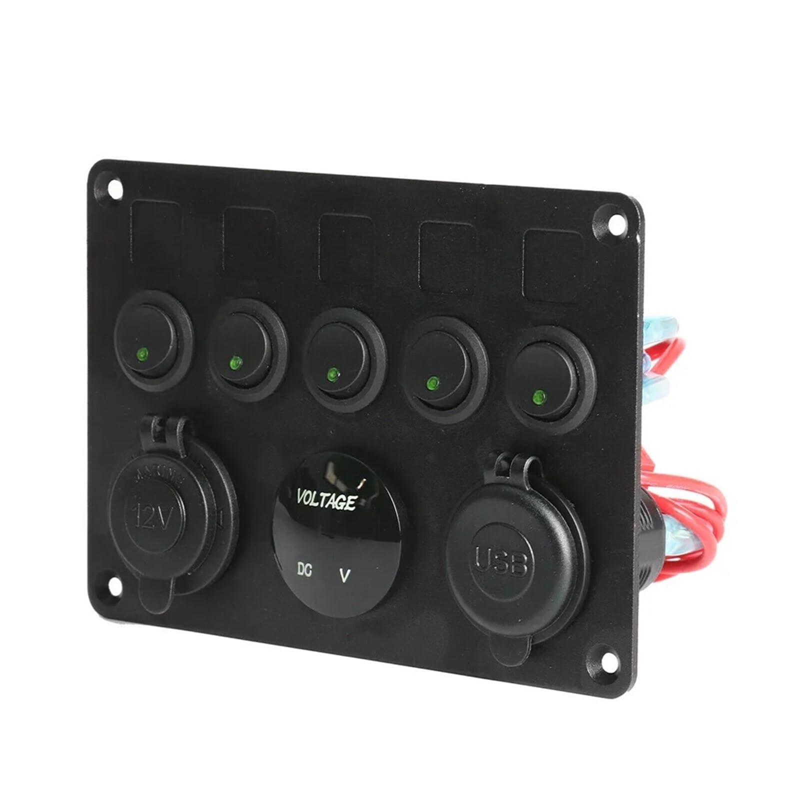 12V/24V 5-gniazdowa skrzynka bezpieczników liniowych Panel przełączników LED Podwójny USB Samochód Łódź Ciężarówka Kamper Cyfrowy wyświetlacz napięcia Niebieskie/Zielone/Czerwone światło LED(Green)