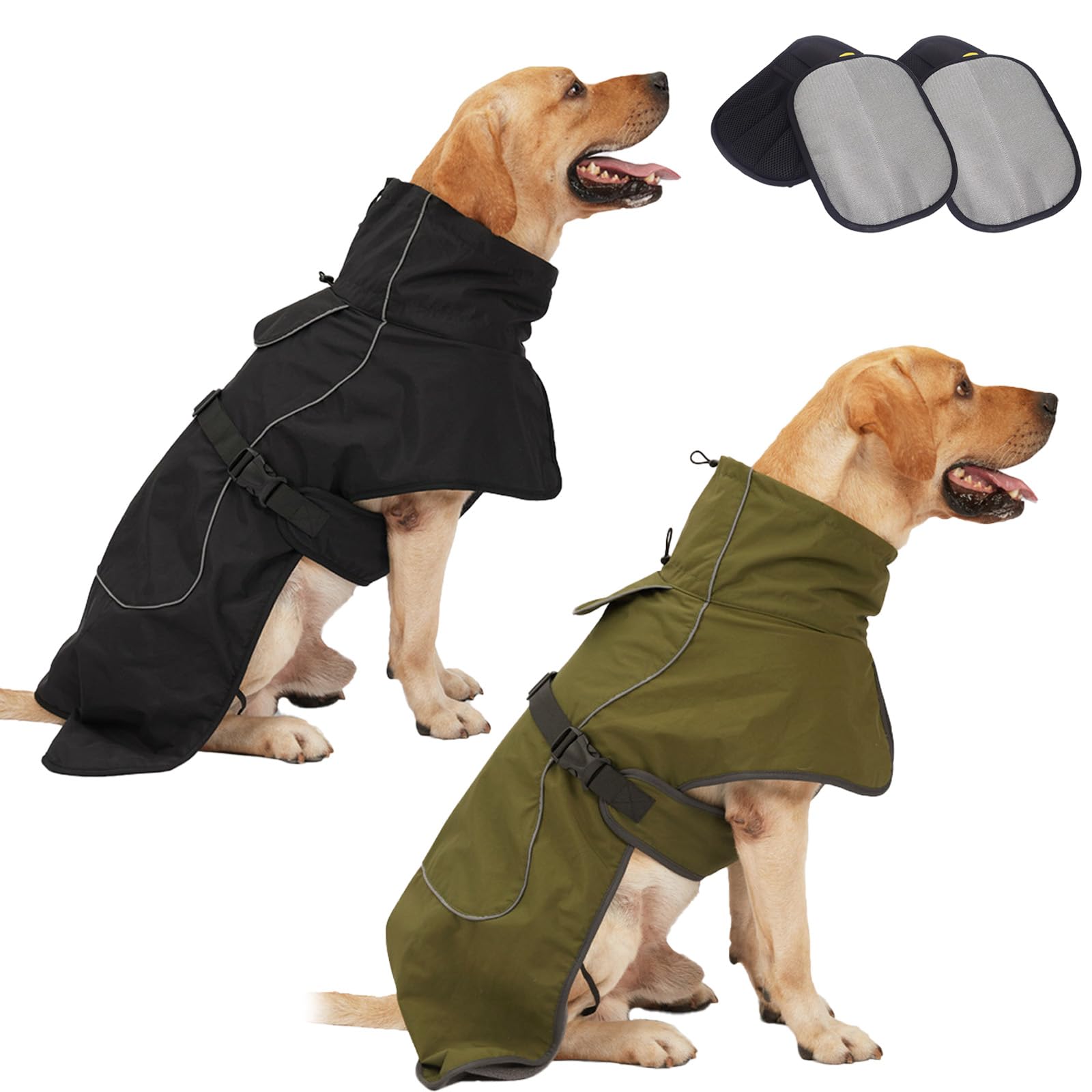 Rain Coat For Dogs, Cold Weather Coat With Soft Fleece Lining, Waterproof Dog With Legs,Djustable Dog Rain Reflective Raincoats For Indoor & Outdoor, Camping (1Pcs Green+1Pcs Black, L)
