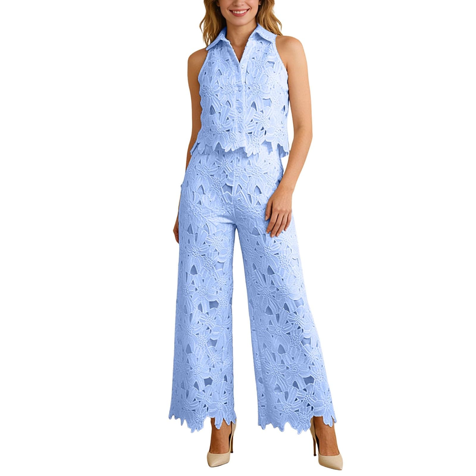 Completo Donna Estivo da Spiaggia - Completi Donna Abiti in Due Pezzi con Gilet in Pizzo Traforato con Risvolto Pantaloni Gilet Corto Senza Maniche Floreale E Pantaloni a Gamba Larga