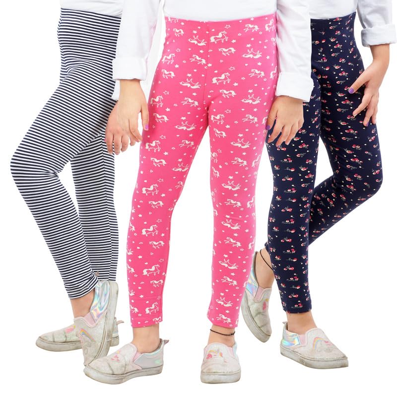 Image of Real Basics Girls Cotton Printed Non-Transparent Regular Fit Ankle Length Leggings (3 Leggings Set)